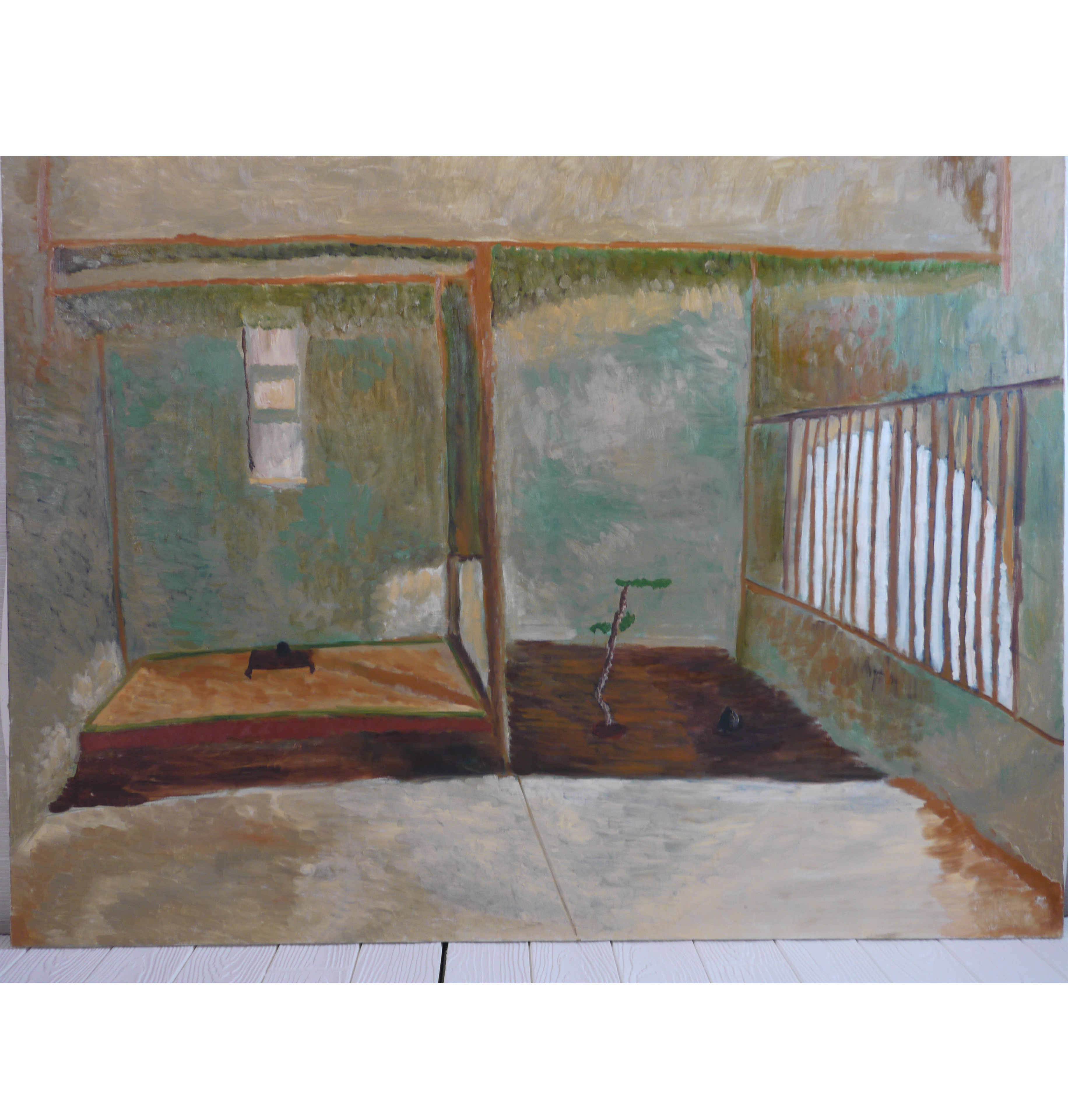 97×130㎝「掛け軸と石と盆栽がある床の間」F60・原画・油彩