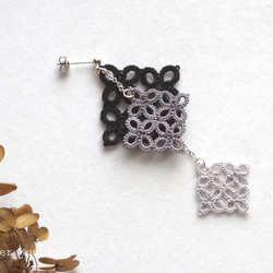 【訂做】梭織蕾絲方形耳環三件&lt;灰色&gt; 第3張的照片