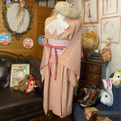 和洋折衷 レトロ 古着 洗える 着物 化繊 和 モダン ハンドメイド