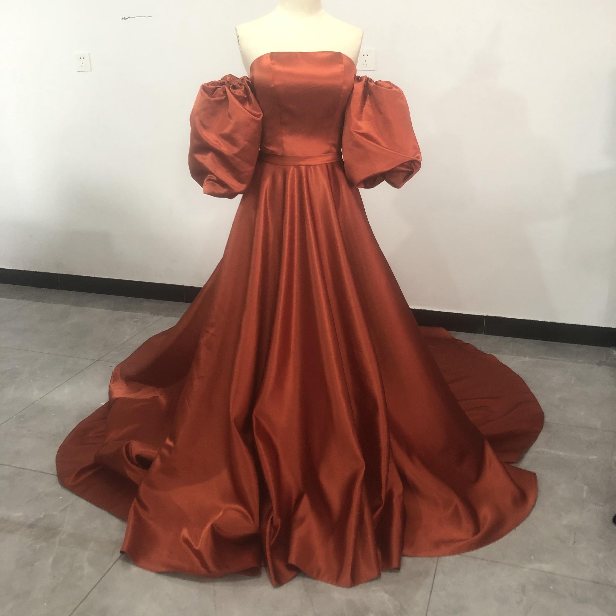 高品質！ パーティードレス オレンジ オフショル 光沢サテン 2次会  