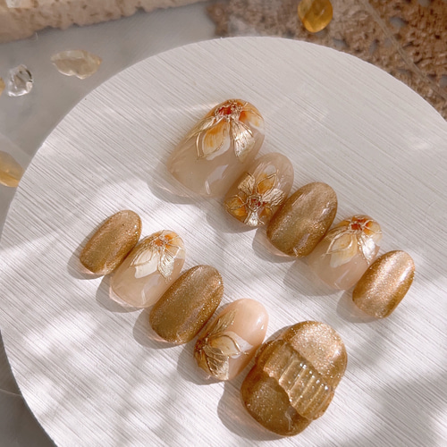 キラキラシャンパンゴールドマグネットネイル/フラワー/リングネイル