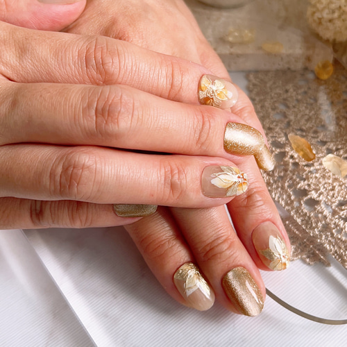 キラキラシャンパンゴールドマグネットネイル/フラワー/リングネイル