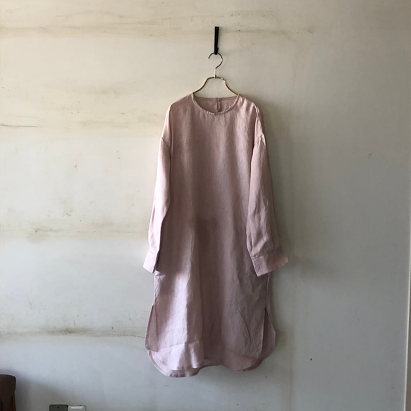 【秋SALE】pullover long shirt/丸襟プルオーバーシャツ＊french linen100%　 2枚目の画像