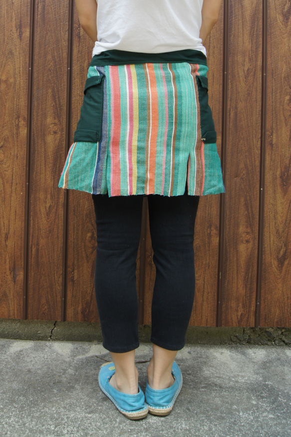 さをり織り　★手織りの巻きスカート★ カフェエプロン　さおり織り　グリーン　緑　ユニーク　一点物　個性的 13枚目の画像