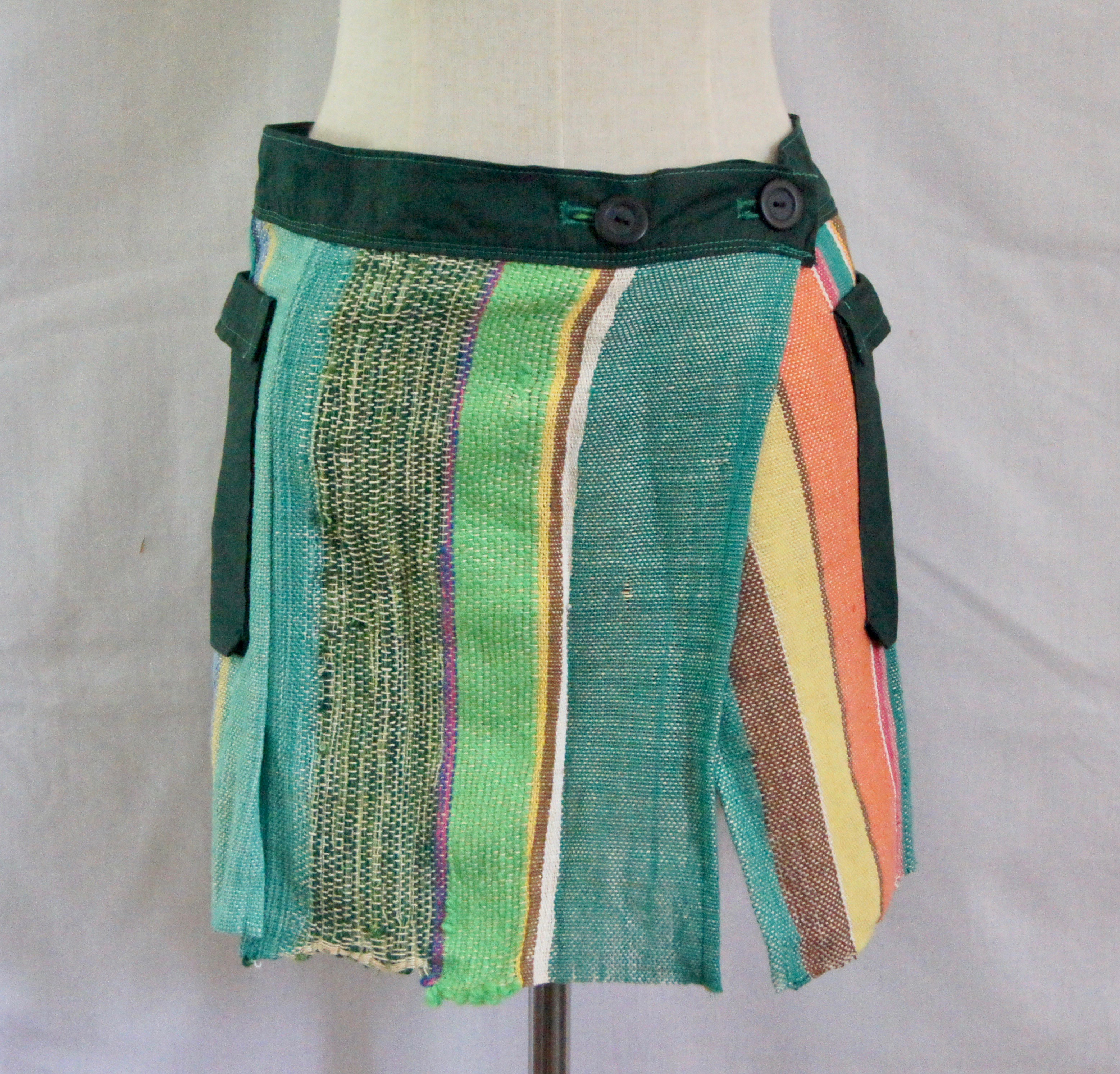 さをり織り　★手織りの巻きスカート★ カフェエプロン　さおり織り　グリーン　緑　ユニーク　一点物　個性的