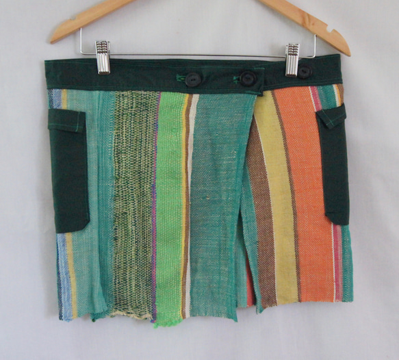 さをり織り　★手織りの巻きスカート★ カフェエプロン　さおり織り　グリーン　緑　ユニーク　一点物　個性的 9枚目の画像