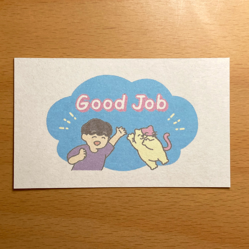 Good Job メッセージカード 猫 やったね ブルー 名刺サイズ 10枚セット