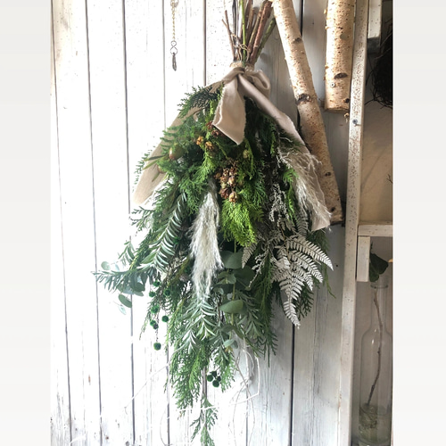 早割クリスマス2023】白枝とコニファーのスワッグ＊* ホワイト