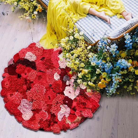 【受注制作】手織りニュージーランドウールカーペット ハンドメイドカシミアウール絨毯 手編ラグ  マット 花海 6枚目の画像