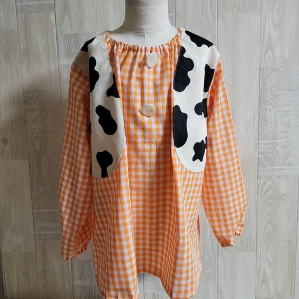 80～150size 牛柄ベスト ギンガムチェック オレンジ 長袖スモック 子供 