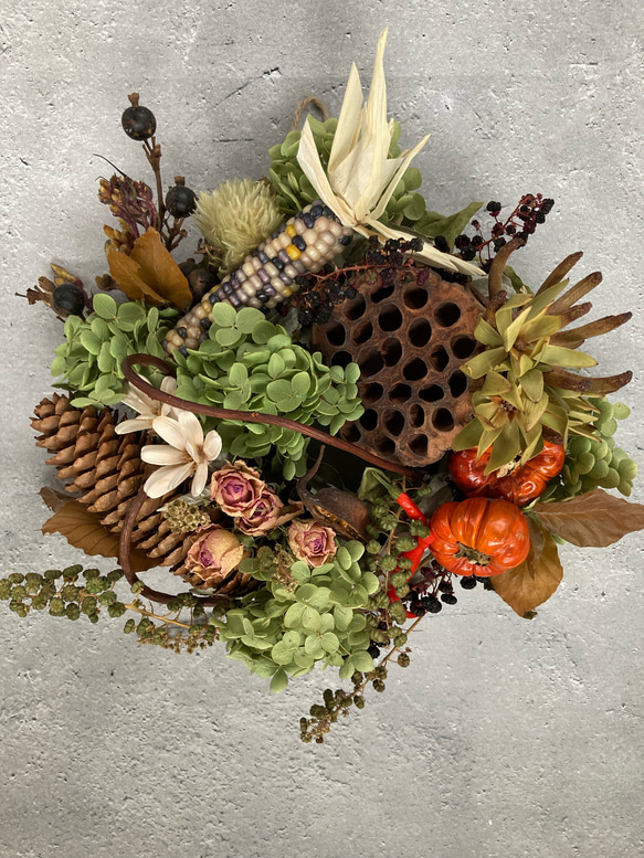 ジェムコーンとパンプキンのハロウィン秋リース:ドライフラワーリース  