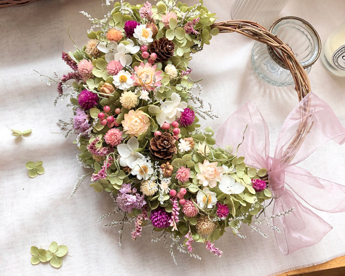 ドライフラワーのオーバルリース ピンク系 【25409】