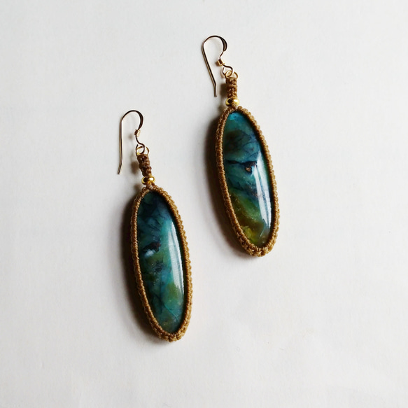 ブルーオパールペトリファイドウッド ピアス（フック・チェーン） ぬち