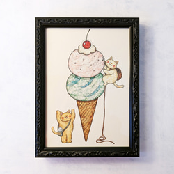 2L 猫とアイスクリーム アートプリント/イラスト複製画 1枚目の画像