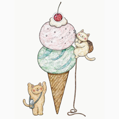 2L 猫とアイスクリーム アートプリント/イラスト複製画 イラスト