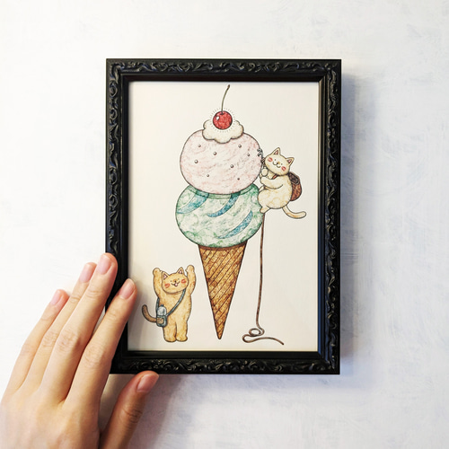 2L 猫とアイスクリーム アートプリント/イラスト複製画 イラスト