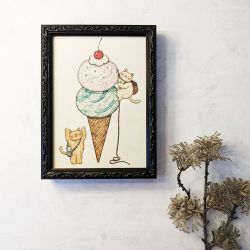 アイスクリームコーン猫イラストスケートボード 2L 猫とアイスクリーム アートプリント/イラスト複製画 イラスト