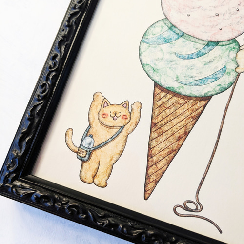 2L 猫とアイスクリーム アートプリント/イラスト複製画 イラスト