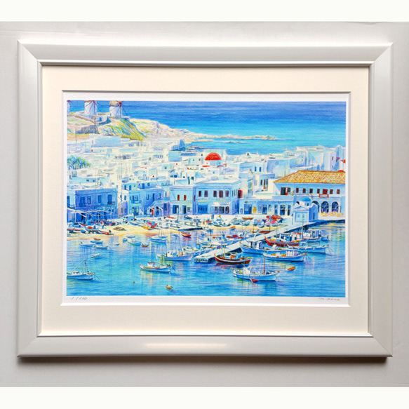 額装ミコノス島　イタリアで版画化　ギリシャ　エーゲ海　ヨーロッパ　地中海　風景画　青　海　ブルー　絵画　版画　アクリル画 2枚目の画像
