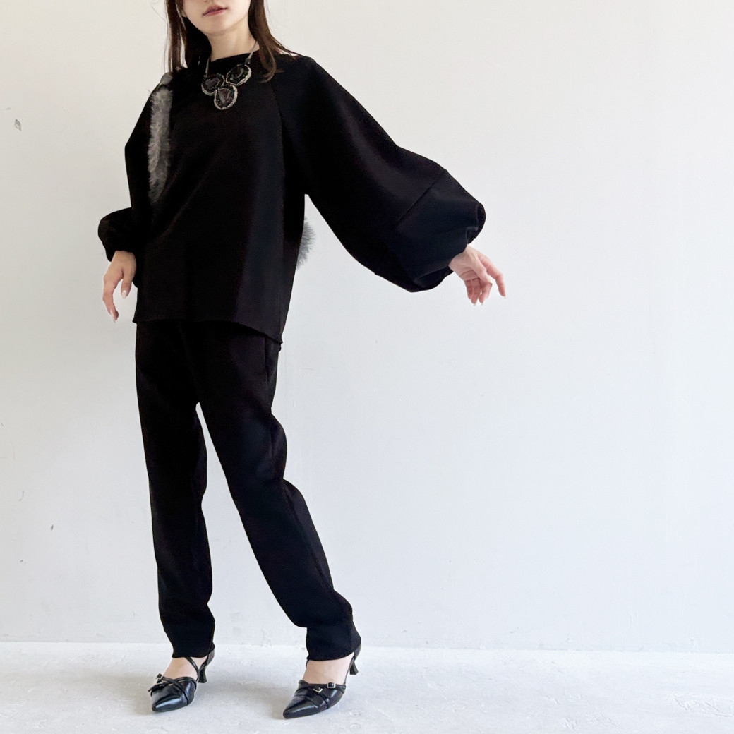 【日本製】2重織ストレッチジャージ＿ボリューム袖プルオーバー【セットアップ対応】＿ブラック