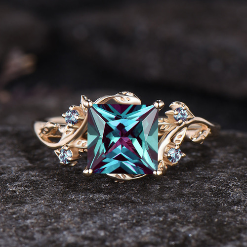 アレキサンドライト 六角形 個性派S925シルバー ローズゴールドリング