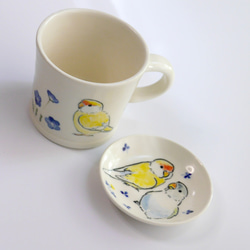 【k様ご注文分】手作りマグカップと豆皿セット「コザクラインコ」 4枚目の画像