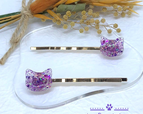 キラキラエメラルドグリーンの海 猫ちゃんレジンヘアゴム