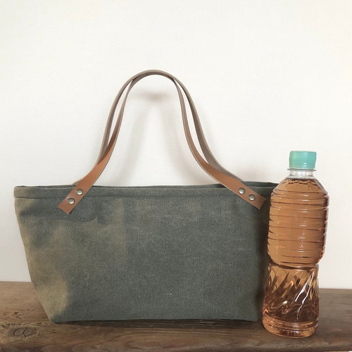 ウオッシュ加工11号帆布 革持ち手よこながかばん カーキ色 受注製作  