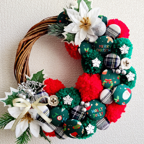 □sale□2023年クリスマス グリーン系くるみボタンアレンジ 壁掛け