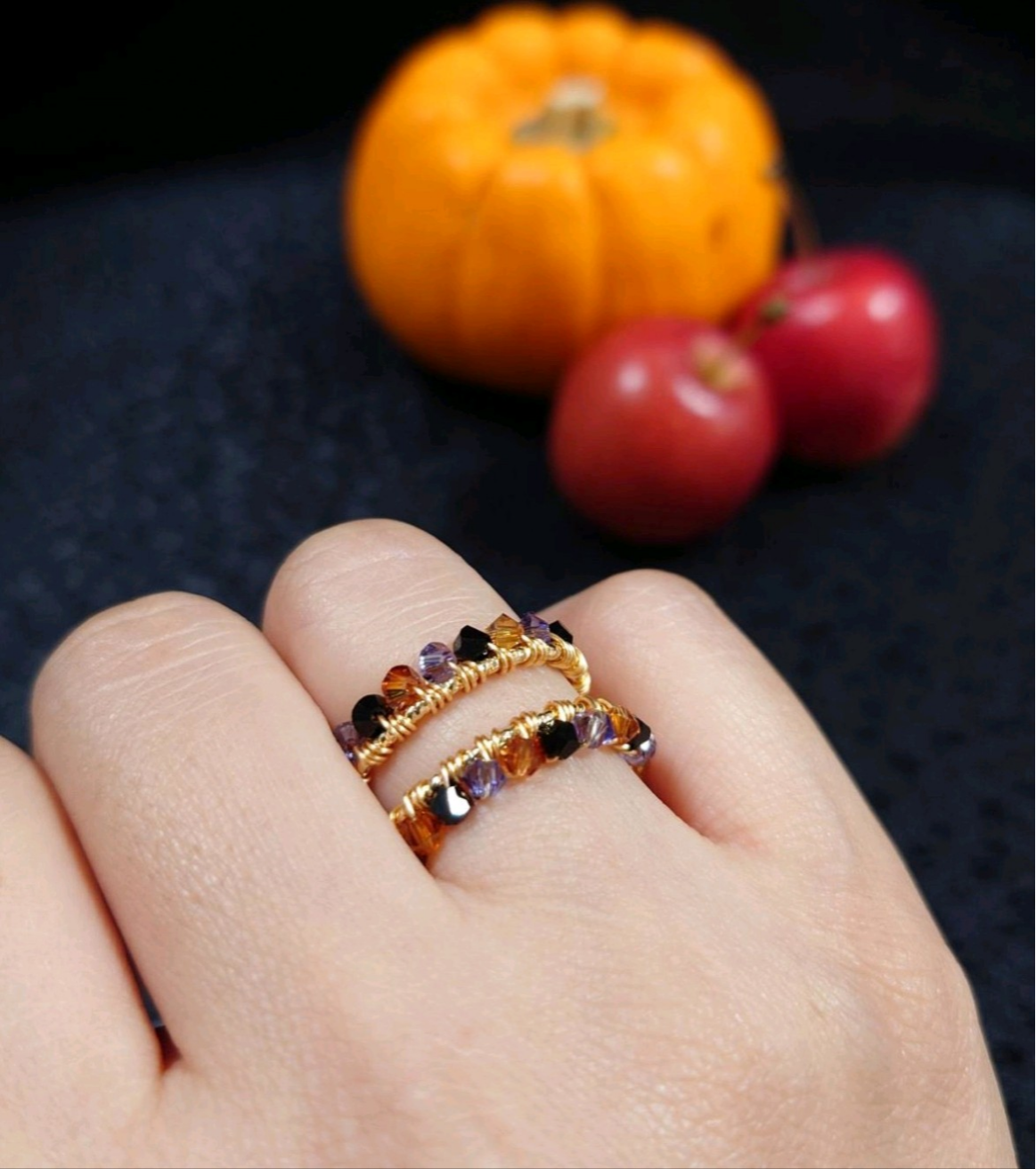 ☆Happy Halloween☆14kgf☆秋冬・ハロウィンにピッタリなミニクリスタルビーズのオープンリング☆