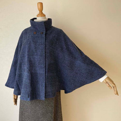 ふんわり手織り綿のポンチョコート コットン100% フリーサイズ ブルー