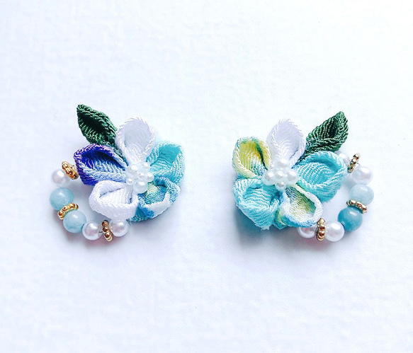 アクアマリンとつまみ細工のピアス つまみ細工 ピアス
