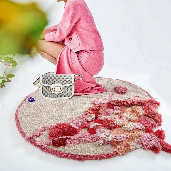 【受注制作】手織りニュージーランドウールカーペット ハンドメイドカシミアウール絨毯 手編ラグ  マット 花の茂み 1枚目の画像