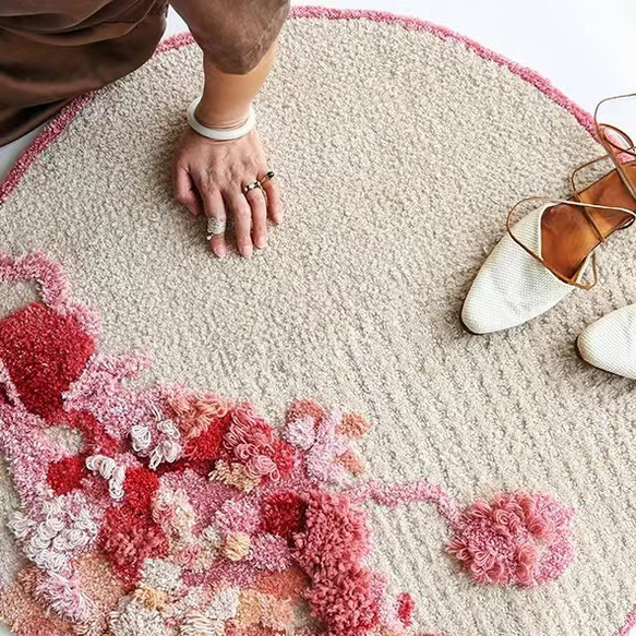 【受注制作】手織りニュージーランドウールカーペット ハンドメイドカシミアウール絨毯 手編ラグ  マット 花の茂み 3枚目の画像