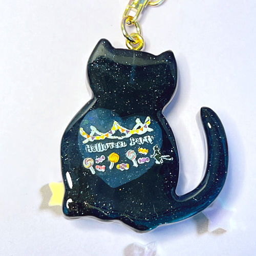 レジンキーホルダーハロウィンキャット(*ΦωΦ)ブラック キーリング