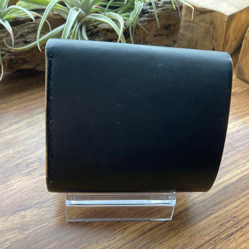 手染め ブラック 本革 三つ折り財布 ヌメ革 手縫い ハンドメイド 三