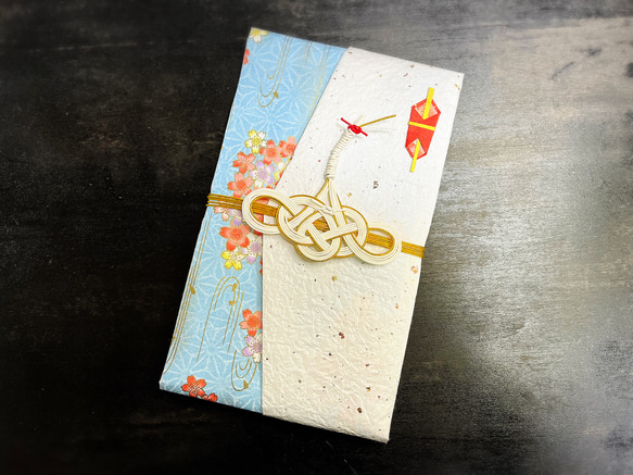 婚礼用ご祝儀袋 鶴の水引＊白×水色系友禅和紙 ご祝儀袋・袱紗