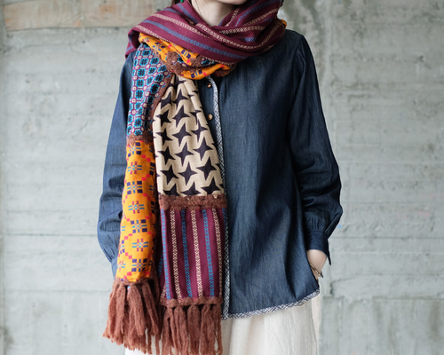 パッチワークデザイン ストール 大判 主役級マフラー！柄生地パッチワーク大判ストール（22w-18