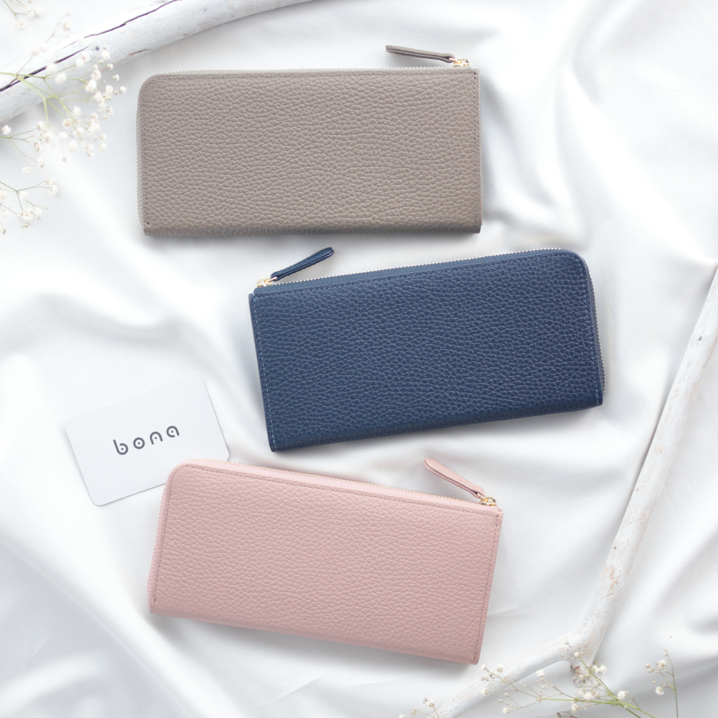 大きな小銭入れのL字ファスナー長財布 イタリアンレザー【トープ/ネイビー/ピンクベージュ】