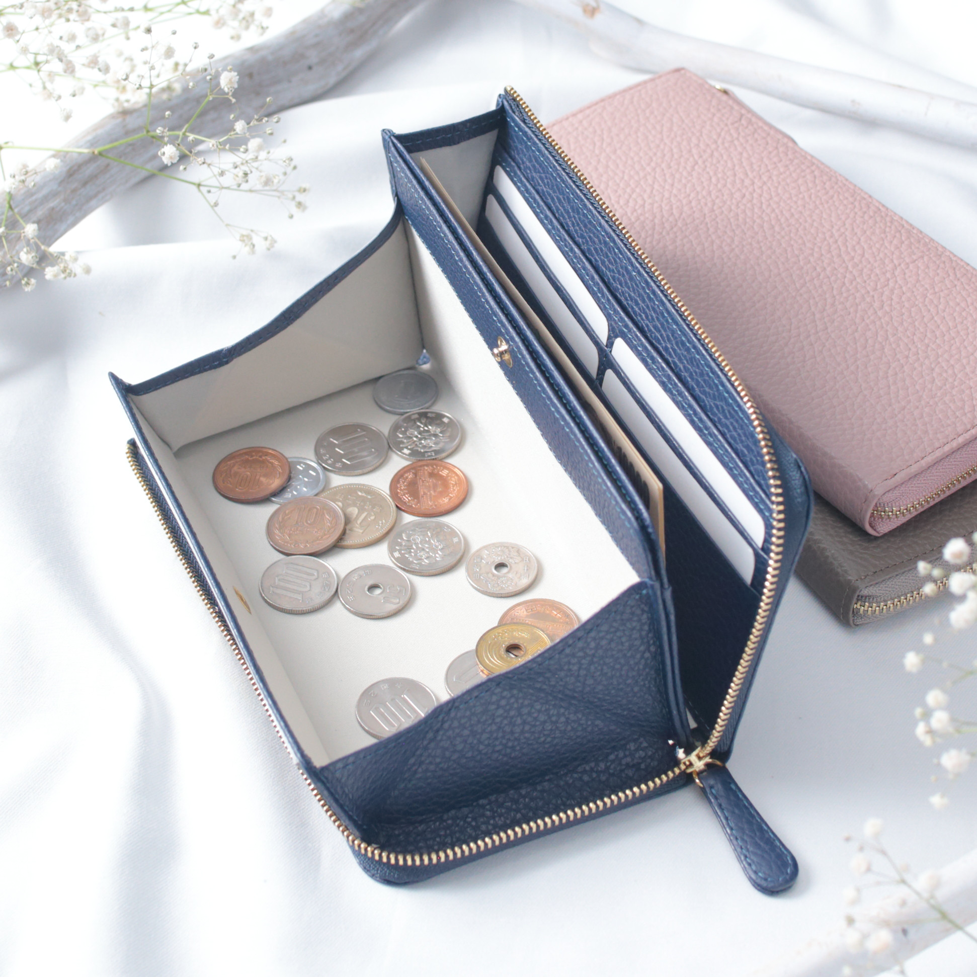 大きな小銭入れのL字ファスナー長財布 イタリアンレザー【トープ/ネイビー/ピンクベージュ】