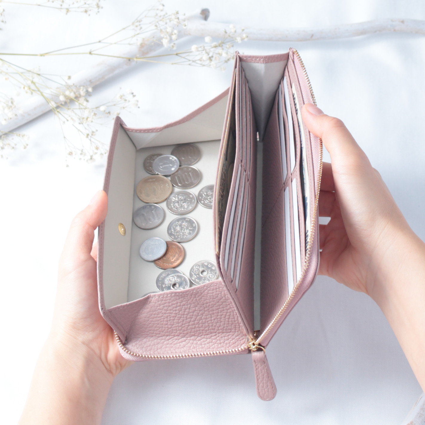 大きな小銭入れのL字ファスナー長財布 イタリアンレザー【トープ/ネイビー/ピンクベージュ】