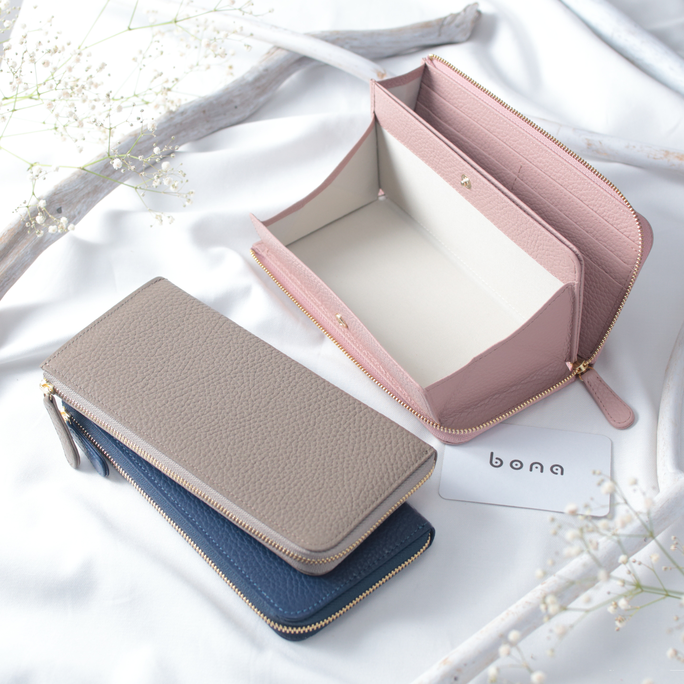 大きな小銭入れのL字ファスナー長財布 イタリアンレザー【トープ/ネイビー/ピンクベージュ】