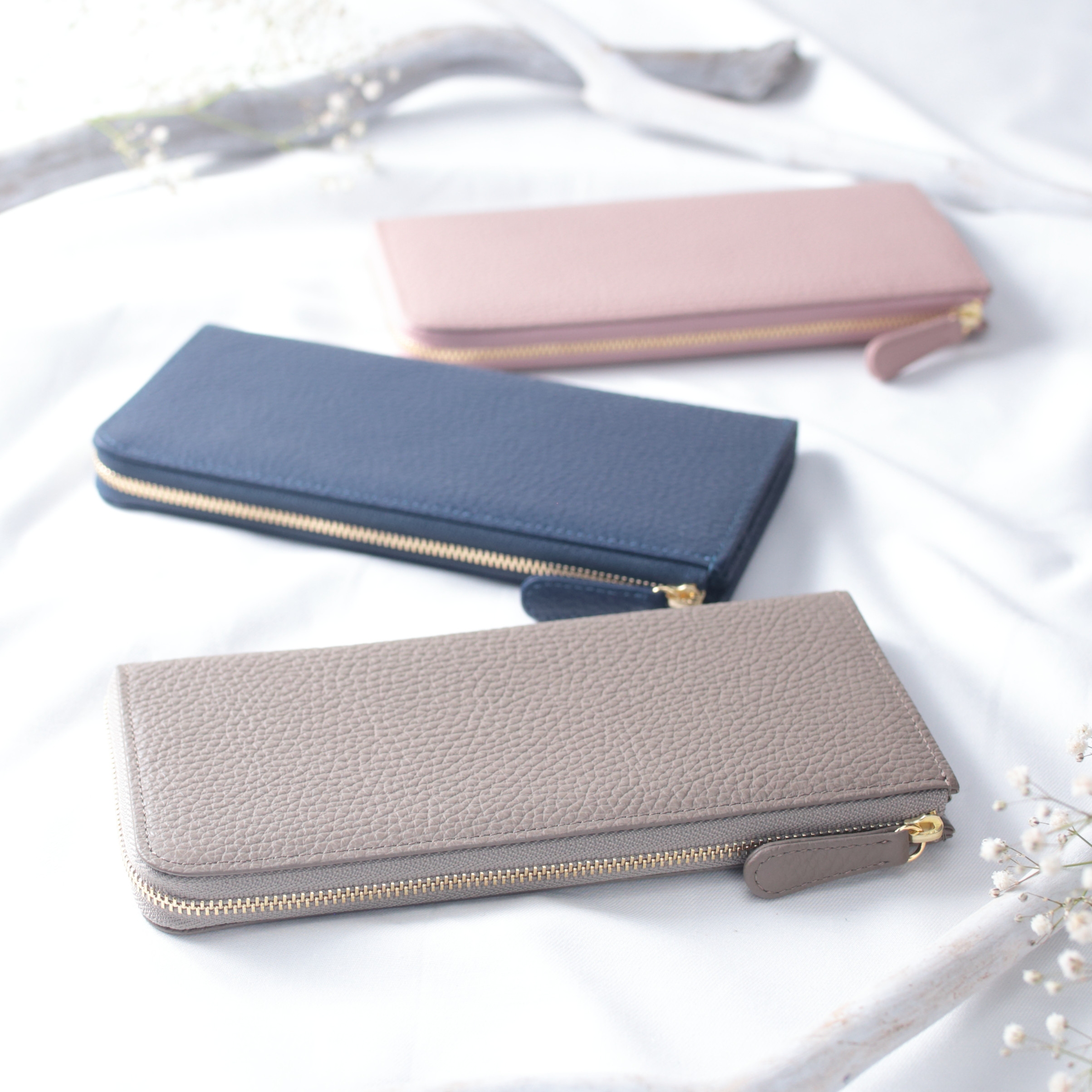 大きな小銭入れのL字ファスナー長財布 イタリアンレザー【トープ/ネイビー/ピンクベージュ】