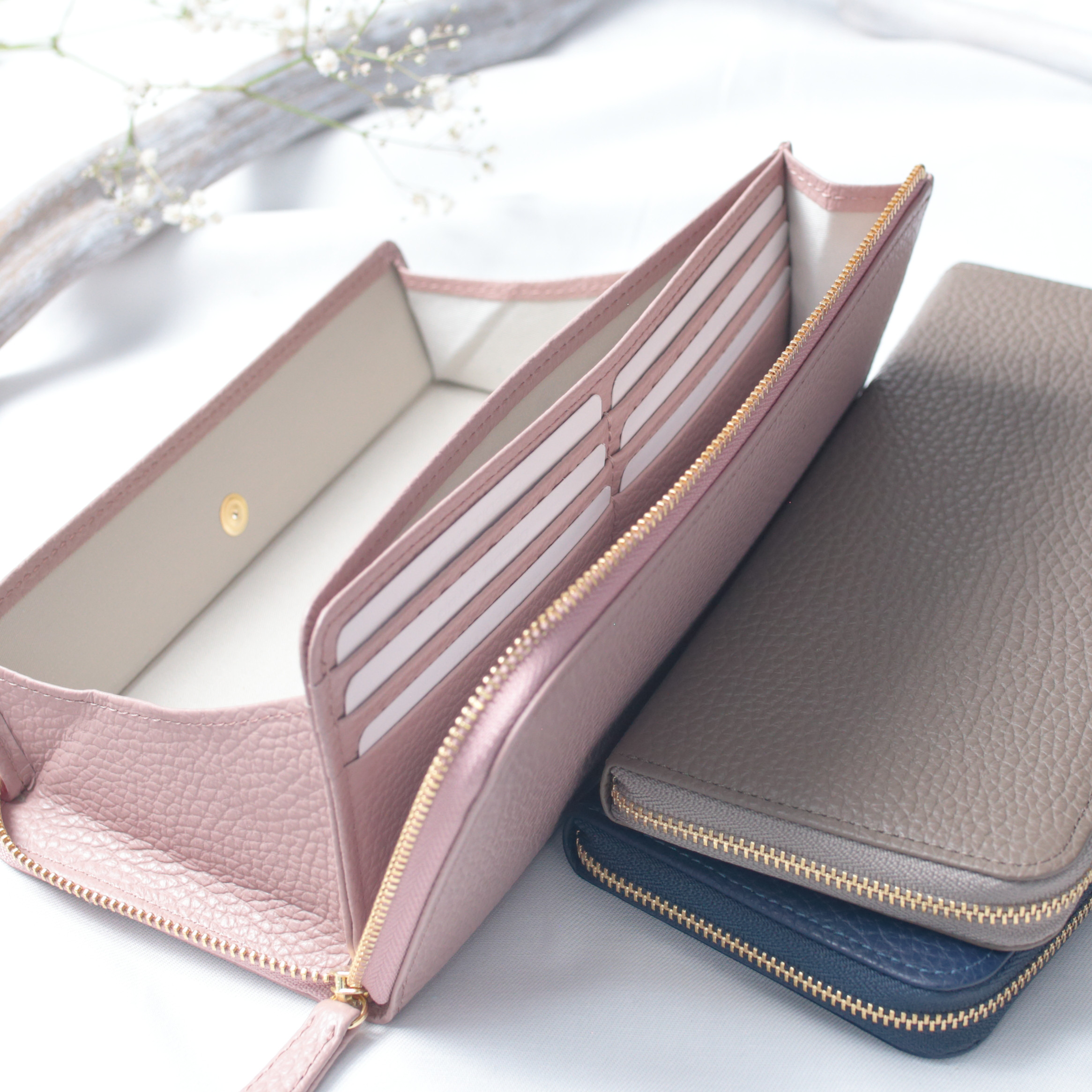 大きな小銭入れのL字ファスナー長財布 イタリアンレザー【トープ/ネイビー/ピンクベージュ】