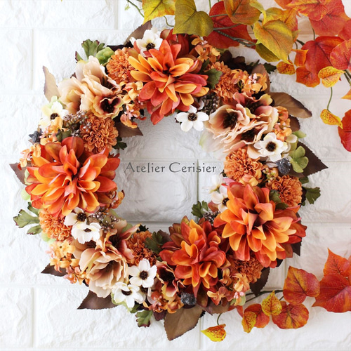 オレンジローズのブロッサムリース｜アーティフィシャルフラワー