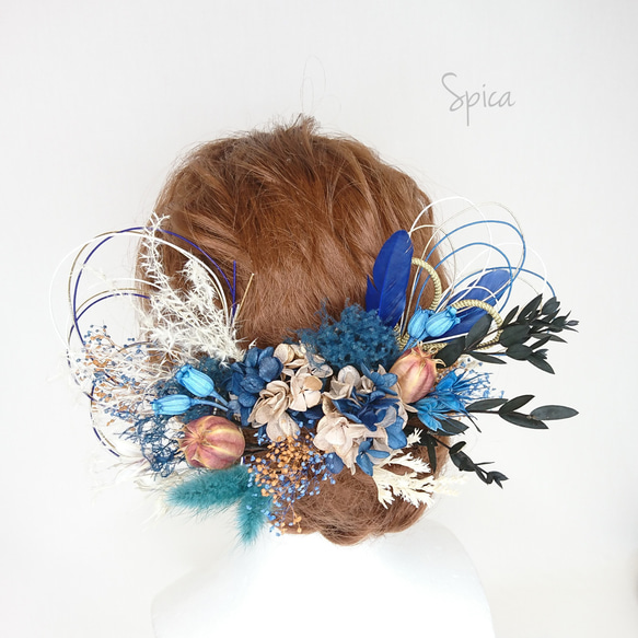 【一点限定】プリザ紫陽花とスモークツリーとフーセンポピーのヘッドドレス 成人式 卒業式 和装 水引 ブルー 1枚目の画像