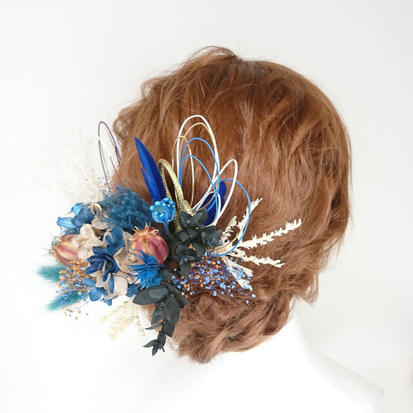 【一点限定】プリザ紫陽花とスモークツリーとフーセンポピーのヘッドドレス 成人式 卒業式 和装 水引 ブルー 2枚目の画像