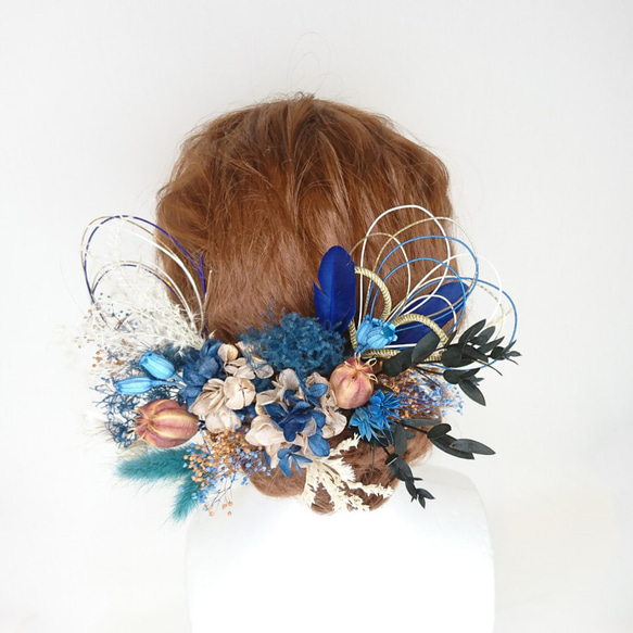 【一点限定】プリザ紫陽花とスモークツリーとフーセンポピーのヘッドドレス 成人式 卒業式 和装 水引 ブルー 5枚目の画像