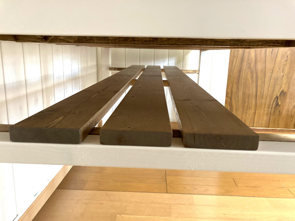 N様専用 天板に集成材 引き出し下に棚付きのツートンカラーダイニングテーブル166奥行39高さ70㎝ 4枚目の画像