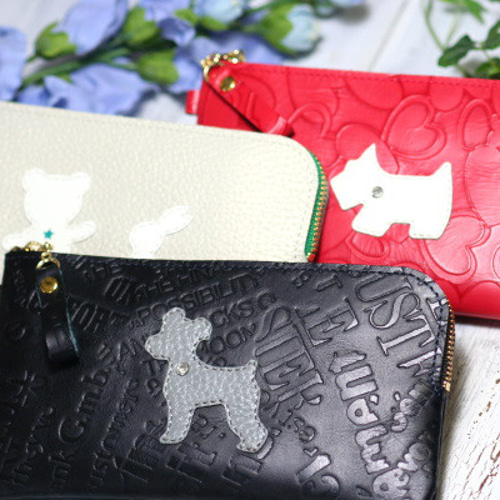 L字ファスナー長財布・猫ドット柄・ブルー・福財布・招き猫